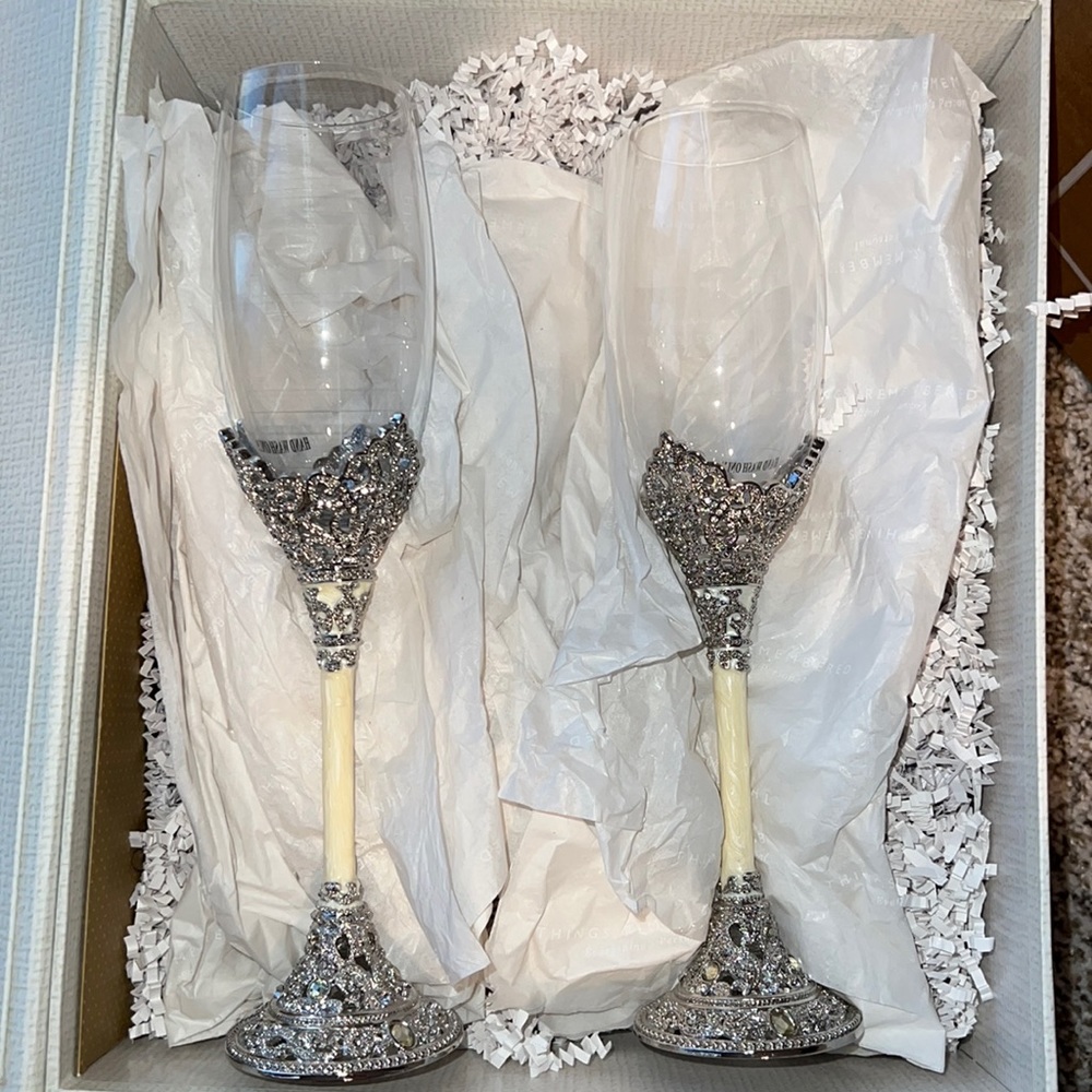 Set of two beautiful embellished champagne flutes with enamel stem & details